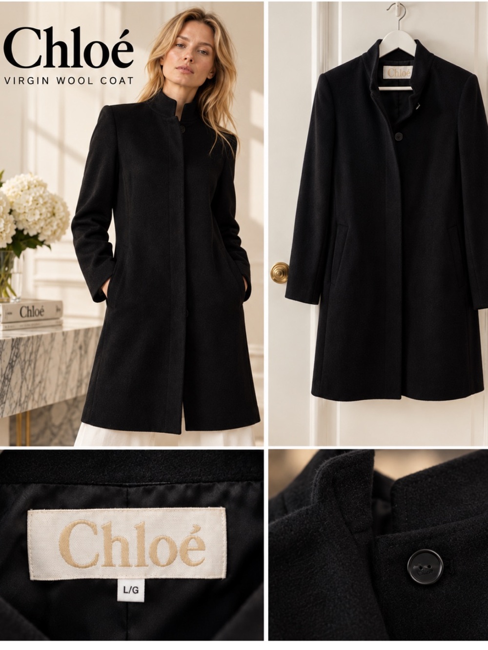 Chloé Black Virgin Wool Coat US 4 FR36 Stand Collar $2,100